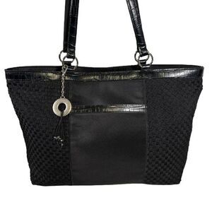 Vintage Y2K Coldwater Creek Black Woven Basket Weave Grosgrain Tote Bag Purse